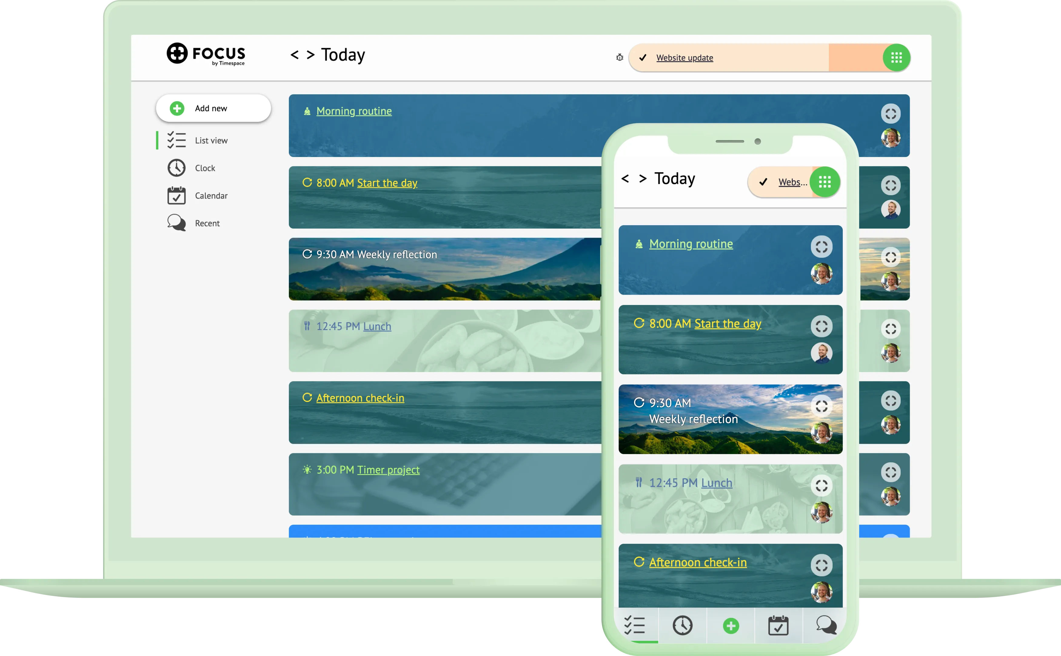 Screenshot showing a laptop and mobile phone both running the Focus app.