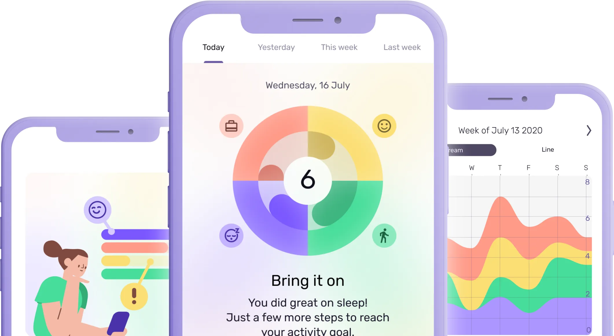 An image of three phone mock ups with screenshots of the OurBalance app.