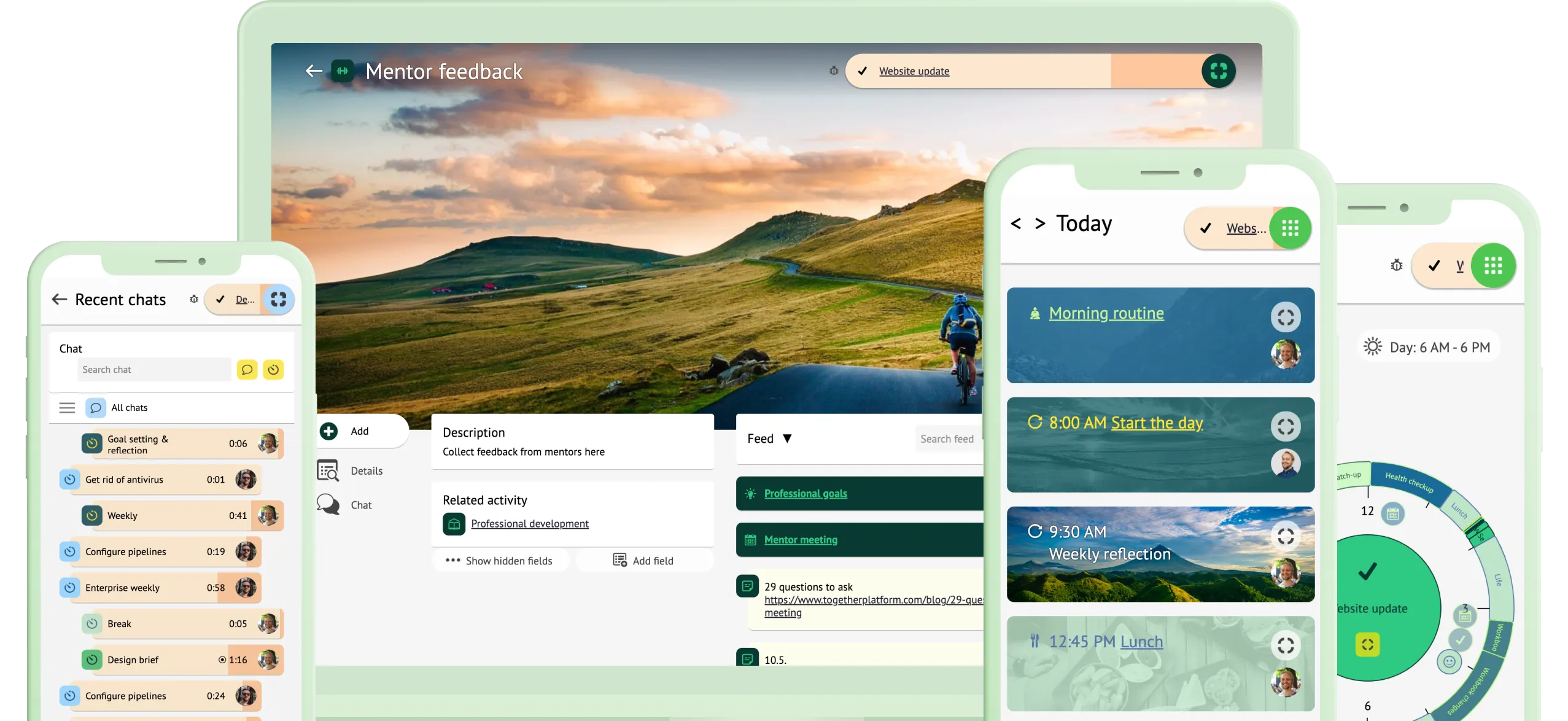 An image of phone and web app mock ups with screenshots of the Focus app.